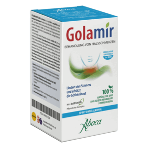 Verpackung von Golamir, einem Spray zur Behandlung von Halsschmerzen, mit Informationen zur Wirkungsweise und Anwendung.