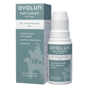 Homöopathisches Präparat in einer weißen Flasche mit einem hellgrünen Karton für Tierfellpflege.