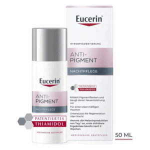 Eucerin Anti-Pigment Nachtpflege in einer weißen Flasche mit silbernem Deckel und passenden Verpackungskarton, 50 ml.