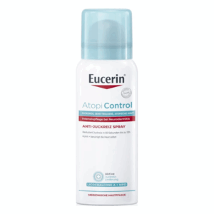 Eucerin AtopiControl Anti-Juckreiz-Spray in einer weißen Sprühflasche mit blauer Kappe, zur Pflege bei Neurodermitis.