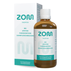 Braune Flasche mit Tropfer und weißer Verpackung, wirkt gegen Aphten und Zahnfleischentzündungen.