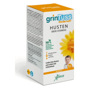 Verpackung von grintuss Hustensaft für Kinder mit Informationen über natürliche Inhaltsstoffe und Anwendungsbereich.
