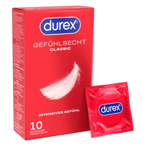 Rote Verpackung von Durex Gefühlssecht Classic mit einem Kondom in Folie außen.