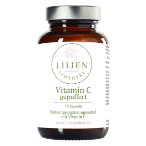 Braunes Glasgefäß mit Schraubverschluss, etikettiert als Vitamin C gepuffert von Lilien Apotheke.