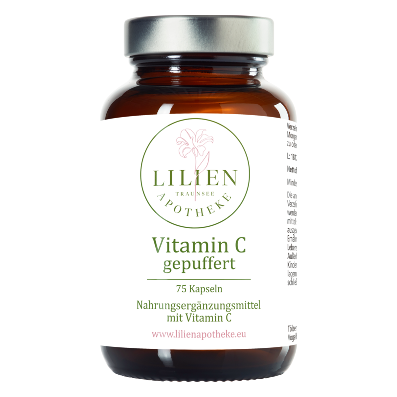 Braunes Glasgefäß mit Schraubverschluss, etikettiert als Vitamin C gepuffert von Lilien Apotheke.