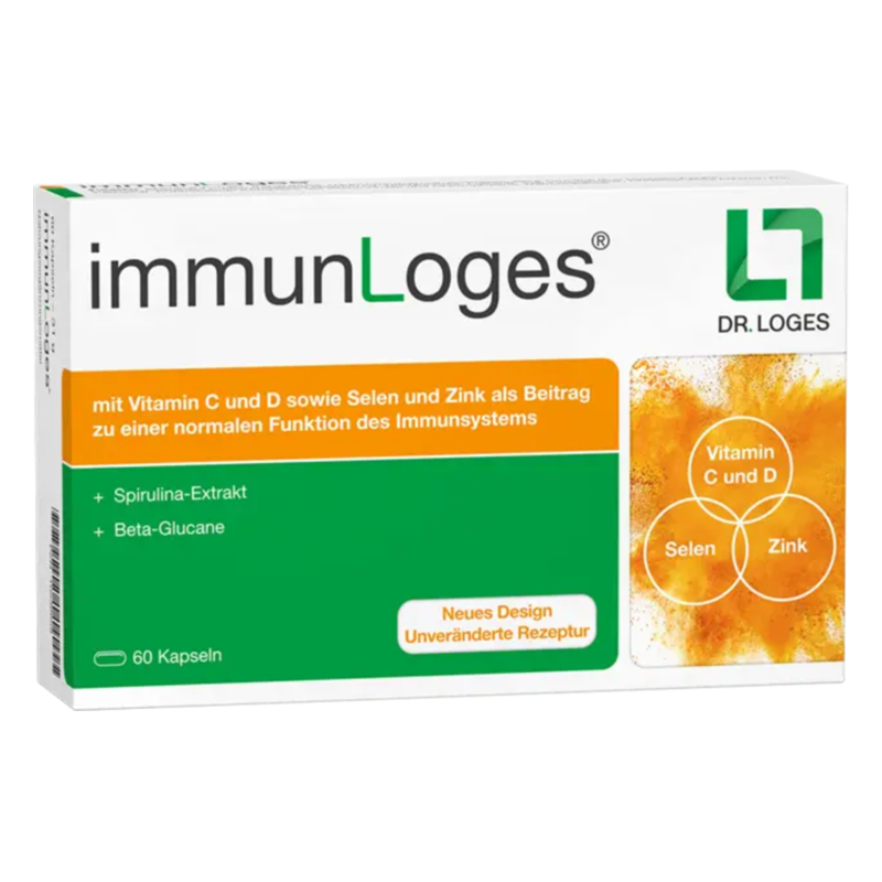 Verpackung von immunLoges mit Informationen zu Inhaltsstoffen für das Immunsystem, 60 Kapseln.