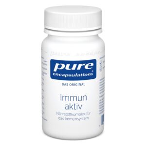 Weißer Kunststoffbehälter mit Schraubverschluss, beschriftet mit "pure encapulations", enthält Nahrungsergänzungsmittel für das Immunsystem.