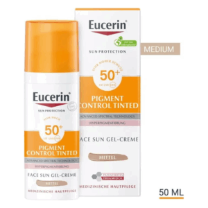 Eucerin Gesichts-Sonnencreme mit Lichtschutzfaktor 50+, gefärbte Gel-Creme, Packung in Orange und Weiß, 50 ml.