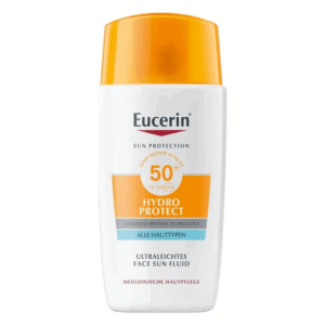 Flasche mit Eucerin Hydro Protect Sonnenfluid für das Gesicht, hoher UV-Schutz, orangefarbener Deckel.