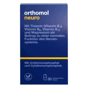 Packung von Orthomol Neuro mit Informationen zu Inhaltsstoffen wie Vitaminen und Magnesium.