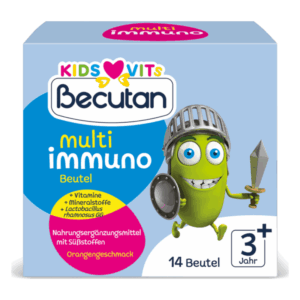 Packung mit multivitaminhaltigen Nahrungsergänzungsmitteln für Kinder, abgebildet mit einem Cartoon-Monster in Rüstung.
