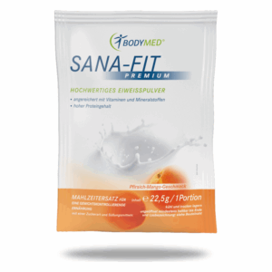 Päckchen mit SANA-FIT Premium Eiweißpulver, Pfirisch-Mango-Geschmack, angereichert mit Vitaminen und Mineralstoffen.