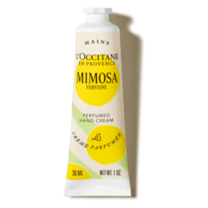L'Occitane Handcreme in einer 30 ml Tube mit gelbem Design und Aufschrift 'Mimosa Verveine'