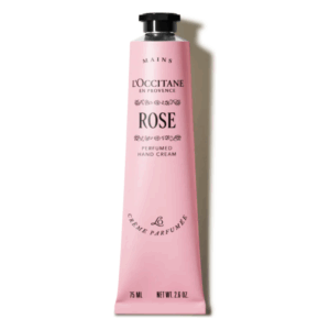 Rosa Handcreme von L'Occitane in einer schlanken Tube mit schwarzem Verschluss und elegantem Schriftzug
