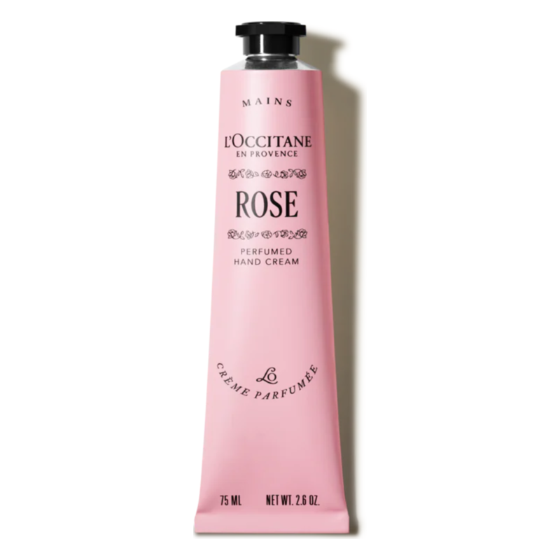 Rosa Handcreme von L'Occitane in einer schlanken Tube mit schwarzem Verschluss und elegantem Schriftzug