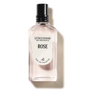 Flasche L'Occitane Rose Eau de Toilette mit klarer, rosafarbener Flüssigkeit und schwarzem Verschluss.