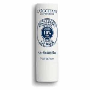 L'Occitane Ultra Rich Lip Balm in einem weißen Plastikstick, mit Angaben zu Sheabutter und Inhalt.