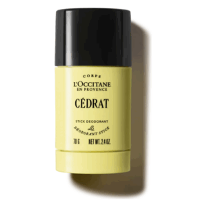 Gelber Deodorantstick von L'Occitane mit schwarzem Deckel, etikettiert mit 'Cèdrat'.