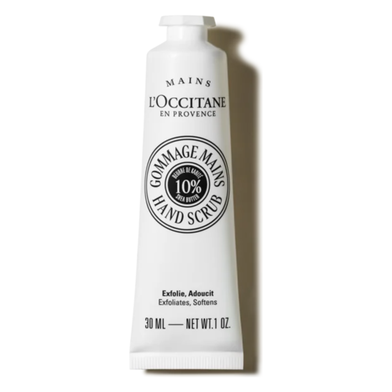Weiße Tube mit Handpeeling von L'Occitane, mit schwarzer Schrift und 10% Sheabutter.