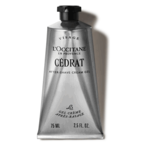 Metallische Tube mit nach dem Rasieren verwendbarem Gel von L'Occitane, mit dem Namen Cédra.