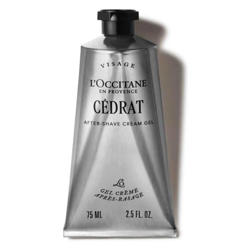 Metallische Tube mit nach dem Rasieren verwendbarem Gel von L'Occitane, mit dem Namen Cédra.