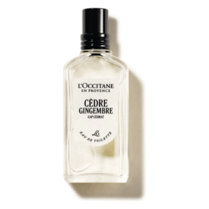 Flasche mit Eau de Toilette von L'Occitane, transparent mit schwarzem Verschluss und beschriftetem Etikett.