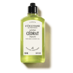 Flasche mit parfümiertem Duschgel von L'Occitane, grüner Inhalt, schwarzer Verschluss, 250 ml.