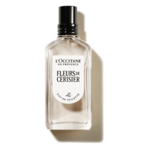 Flasche von L'Occitane mit transparentem Design, schwarzem Sprühkopf und weißem Etikett für Eau de Toilette.