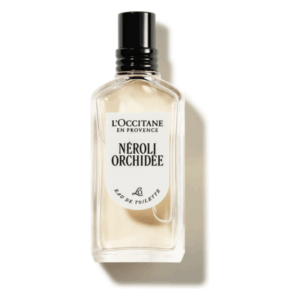 Flasche von L'Occitane mit Eau de Toilette "Néroli Orchidée" im klaren quadratischen Design.