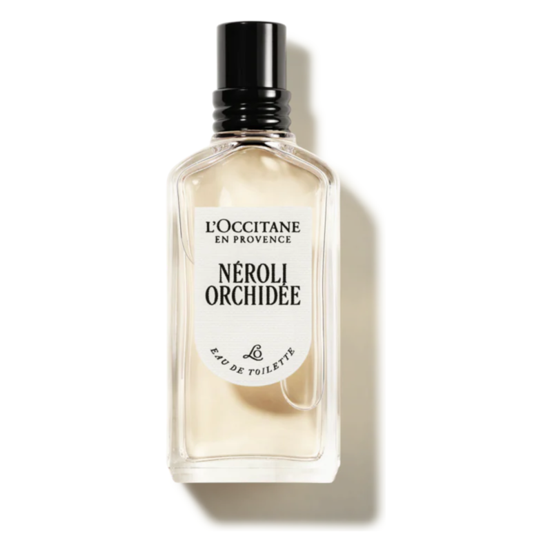 Flasche von L'Occitane mit Eau de Toilette "Néroli Orchidée" im klaren quadratischen Design.