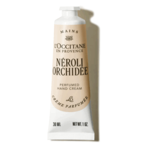 Handcreme von L'Occitane mit Neroli- und Orchideen-Duft in einer metallischen Tube.