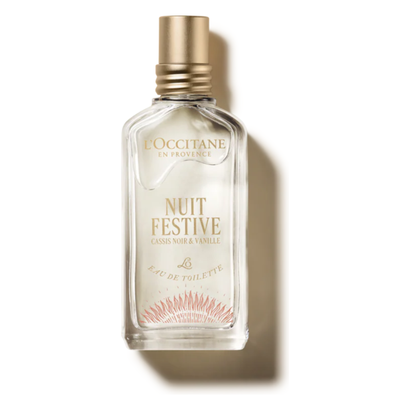 Flasche von L'Occitane Nuit Festive Eau de Toilette mit goldenen Akzenten und transparentem Design.