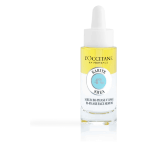 Flasche mit bi-phasischem Gesichtsserum von L'Occitane, mit 4% Karite und weißem Tropfer