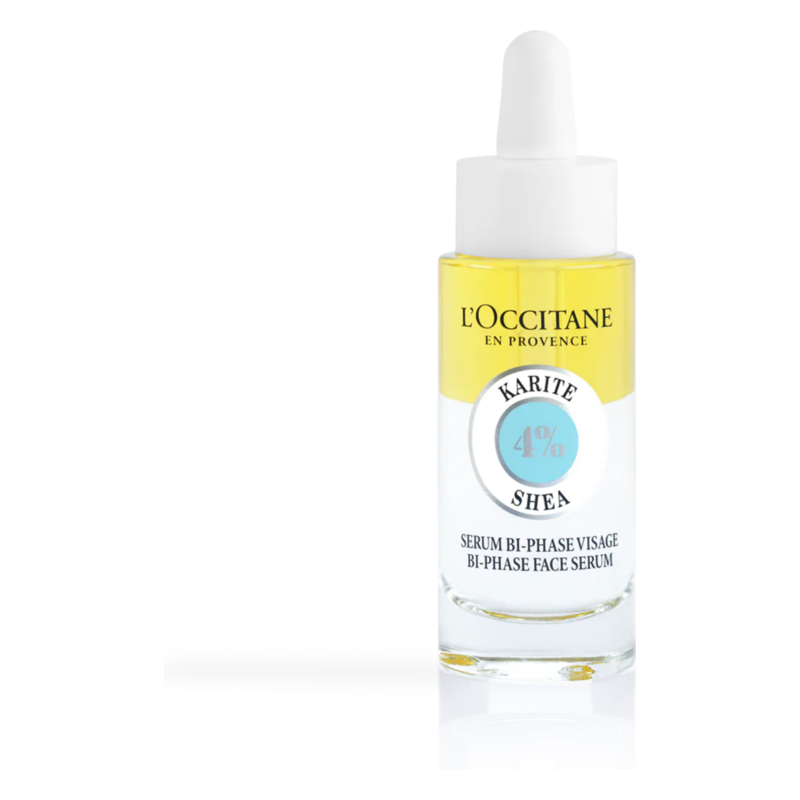 Flasche mit bi-phasischem Gesichtsserum von L'Occitane, mit 4% Karite und weißem Tropfer