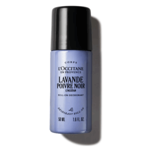 Roll-On Deodorant von L'Occitane in einer lila Flasche mit schwarzem Deckel, 50 ml.