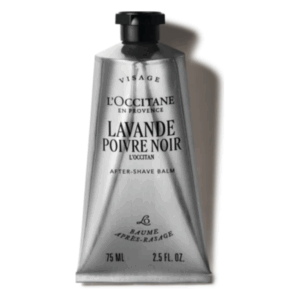 Silberne Tube mit After-Shave-Balsam von L'Occitane, beschriftet mit Lavendel und schwarzem Pfeffer.