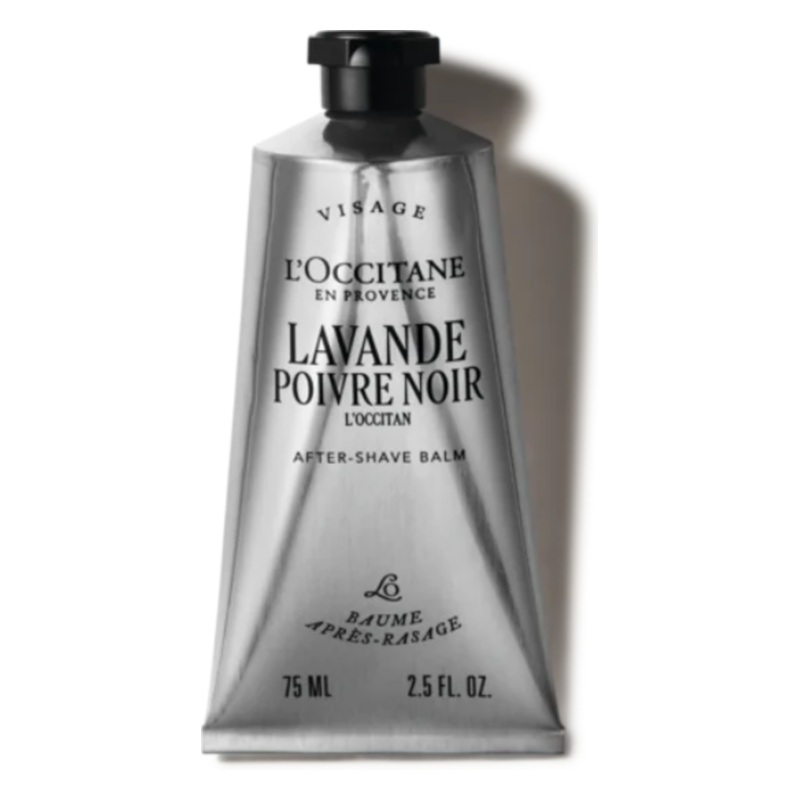 Silberne Tube mit After-Shave-Balsam von L'Occitane, beschriftet mit Lavendel und schwarzem Pfeffer.
