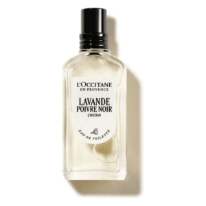 Flasche von L'Occitane mit Eau de Toilette Lavande Poivre Noir, rechteckig und transparent mit schwarzem Verschluss.