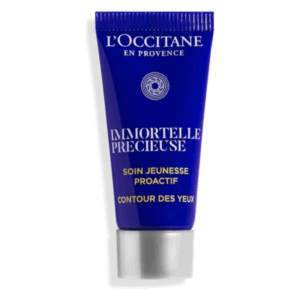 Augencreme in blauer Tube mit silbernem Verschluss, von L'Occitane, für jugendliche Hautpflege.