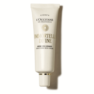 Tube einer glatten Nackencreme von L'Occitane mit goldenen Schriftzügen auf weißem Hintergrund.