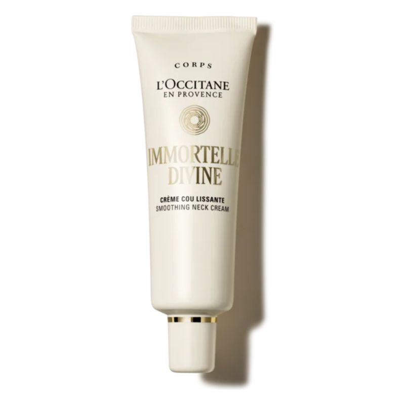 Tube einer glatten Nackencreme von L'Occitane mit goldenen Schriftzügen auf weißem Hintergrund.