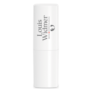 Weißer Lippenpflegestift mit der Aufschrift "Louis Widmer" und "SWISS DERMATOLOGICA"