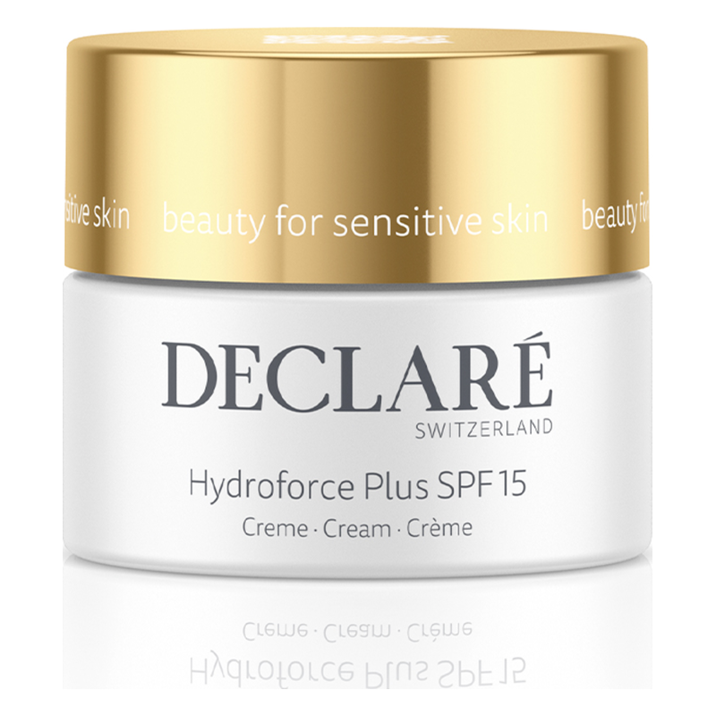 Aufbewahrungsglas für Hydroforce Plus SPF 15 von DECLARÉ mit goldfarbenem Deckel und weißem Behälter.