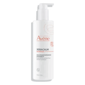 Flasche mit Avène Xeracalm Nutrition, feuchtigkeitsspendende Pflege für trockene Haut, mit Pumpspender.