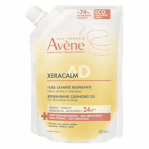 Nachfüllpackung für eine sanfte Reinigungsöl-Lotion von Avène, geeignet für trockene, zu atopischen Haut neigende Haut.