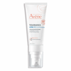 Tube mit Feuchtigkeitscreme für empfindliche und sehr trockene Haut, mit Pumpmechanismus und minimalistischem Design.