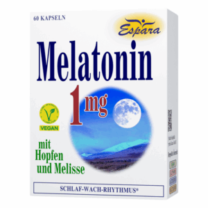 Verpackung von Espara Melatonin 1 mg, enthält 60 Kapseln, mit Hopfen und Melisse, vegan.