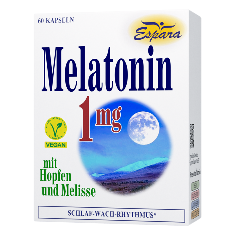Verpackung von Espara Melatonin 1 mg, enthält 60 Kapseln, mit Hopfen und Melisse, vegan.