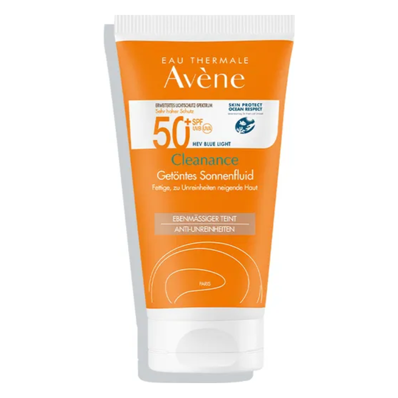 Getöntes Sonnenfluid von Avène in einer orangefarbenen Verpackung mit Lichtschutzfaktor 50 für fettige Haut.