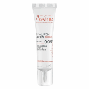 Tube mit Augen- und Lippencreme, enthält Retinal und Hyaluronsäure, Deutliche Produktbezeichnung und Anwendungshinweise.
